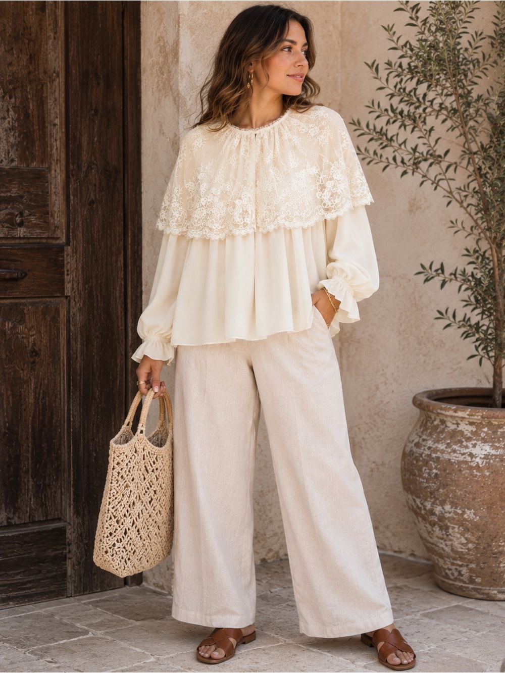 Zara XS Ivory Lace Cape Blouse Romantic Balloon Sleeve Sheer Viscose Top